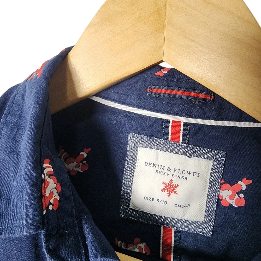 Denim & Flower Ricky Singh Boy Long Sleeve Shirt Christmas Santa Print Size 9 10